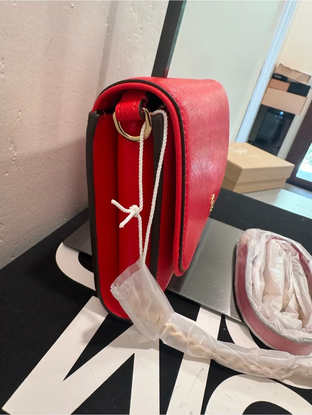 Tory Burch Red Leather Crossbody Bag with Logo Medallion